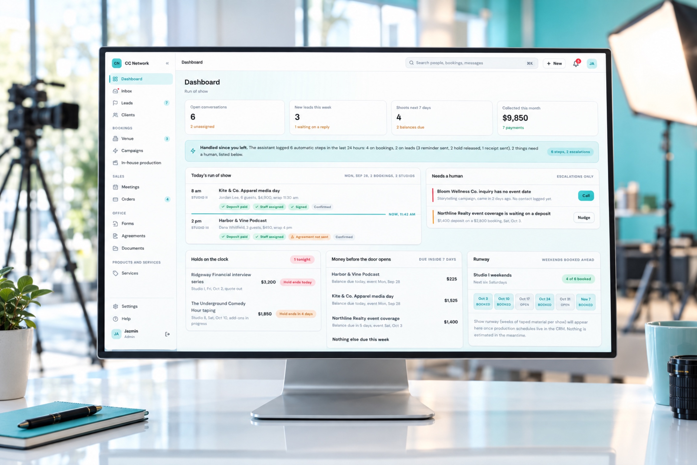 CC Network CRM dashboard, cinematic render